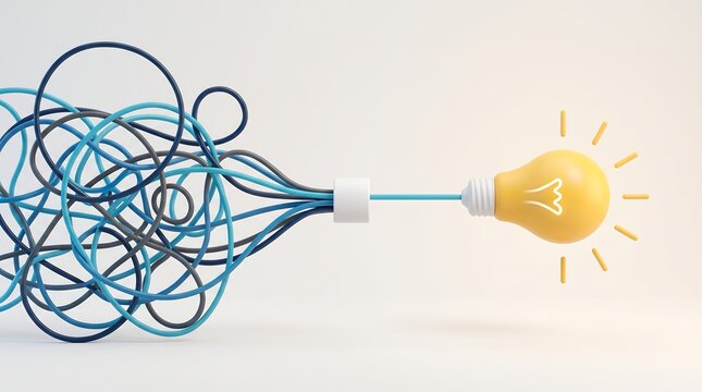 Untangling Complex Ideas Concept With Blue Wires Forming A Bright Lightbulb