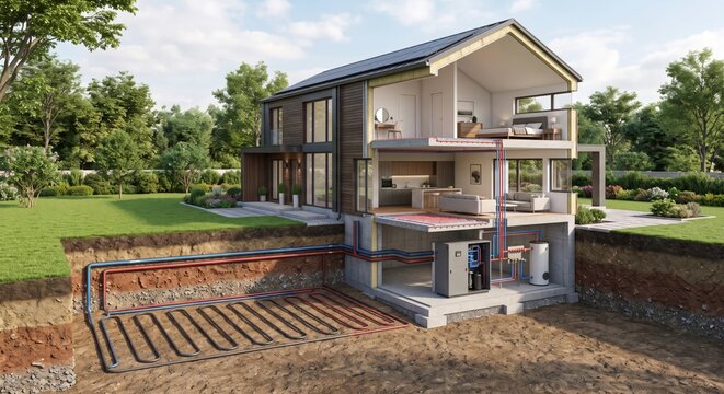 Geothermal heat pump system modern home energy efficient underground installation detailed cutaway view