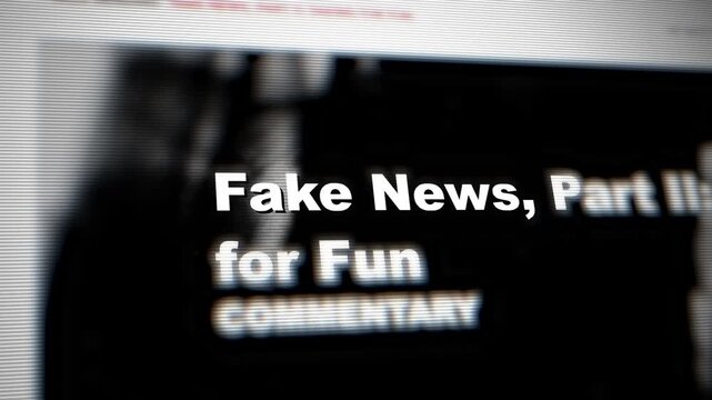 Macro Screen Screenshot displaying Fake News Headline Text with Scanlines Symbolizing Misinformation, Online Hoax, Propaganda, Media Manipulation, and Digital Journalism Concept