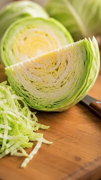Fresh cabbage cut into slices and shredded on a wooden cutting board  