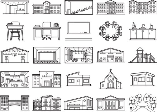 Architectural Icons Collection: A comprehensive assortment of stylized architectural line drawings depicting various building types.