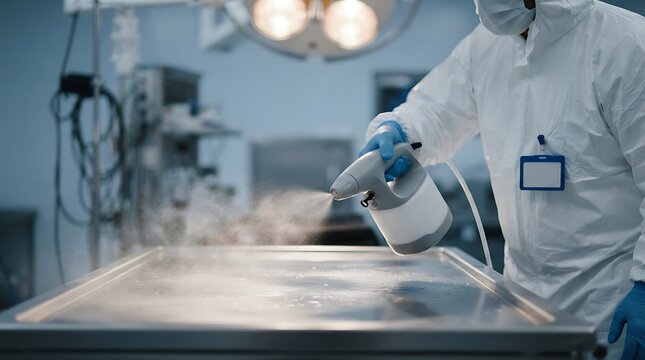 Technician in protective suit using electrostatic sprayer for hospital room disinfection