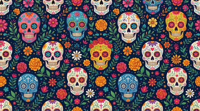Traditional mexican day of the dead sugar skull pattern with colorful flowers on dark blue