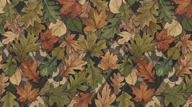 Autumn woodland camouflage pattern with oak and maple leaves