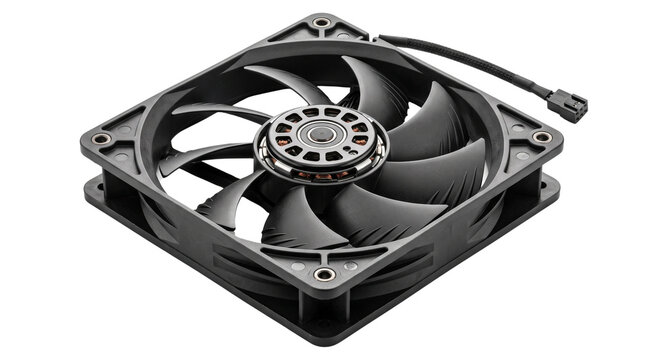 Black computer cooling fan, high performance PC case fan with curved blades, industrial hardware for server cooling and thermal management