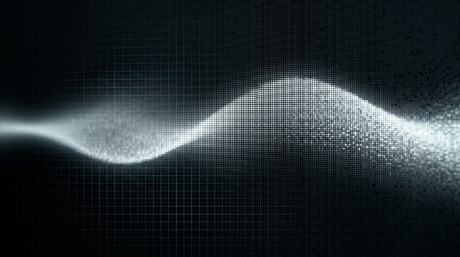 Digital wave pattern transitions from pixels to particles on black background