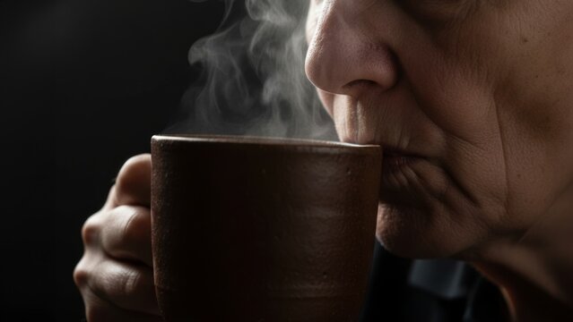 Close Up Senior Woman Drinking Hot Beverage with Steam on Dark Background