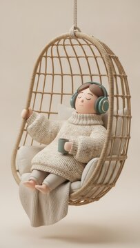 3D Character Relaxing in Hanging Rattan Chair Listening to Music