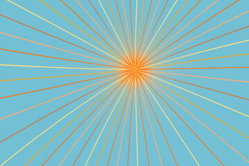 Obraz premium Retro sunburst background with orange radial rays, vintage pop art sunbeam pattern, blue and yellow starburst wallpaper