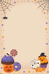 Fototapeta premium Cute vertical Halloween poster template featuring sweet cupcakes, mummy donuts, lollipops, candies, pumpkins, spider webs, and spiders on a beige background with text space.