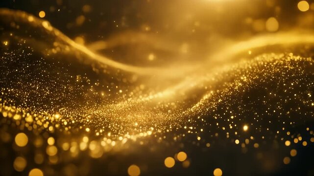 Abstract flowing golden particles and waves with bokeh effect.