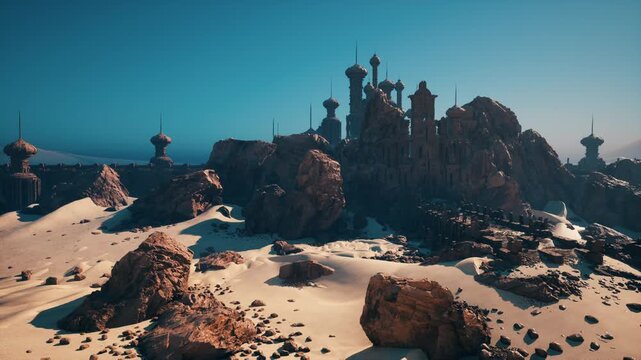 desert ruins under clear blue sky, sunlit sand dunes and rocky outcrops frame ancient stone fortress on coastal horizon, dramatic long shadows, scattered