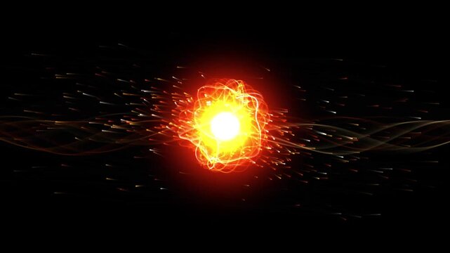 Abstract glowing energy core with particle trails and light waves motion background, particles