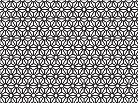 Japanese asanoha geometric pattern vector, black and white hemp leaf seamless background, traditional oriental floral texture