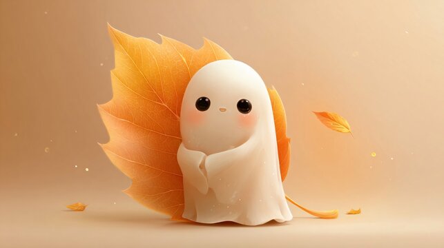 adorable autumn ghost hiding behind a giant golden maple leaf, cute halloween character in a warm cozy fall setting