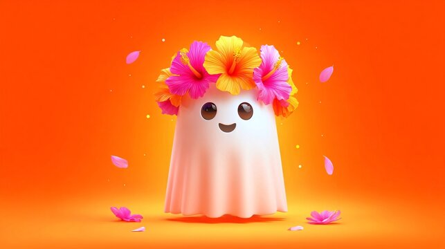 cheerful ghost wearing a vibrant tropical hibiscus crown, joyful floral character surrounded by colorful petals on a glowing orange summer background