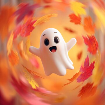 cute ghost floating among swirling autumn leaves, joyful halloween character with playful expression and vibrant orange background