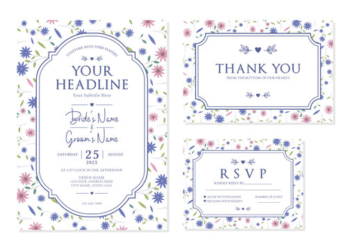 Blue Pink Floral Botanical Wedding Invitation Suite Vector Template