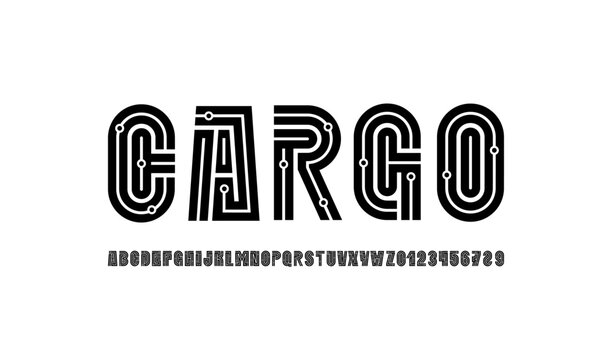 Logo font alphabet, tall letters A, B, C, D, E, F, G, H, I, J, K, L, M, N, O, P, Q, R, S, T, U, V, W, X, Y, Z and numerals 0, 1, 2, 3, 4, 5, 6, 7, 8, 9 made lines and dot, vector illustration 10EPS