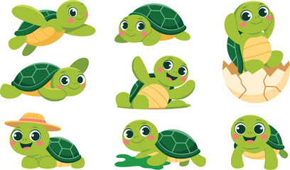 Obraz premium Happy Kawaii Tortoise Mascot Vector Illustrations with Green Shell and Cheerful Expressions for Children Sticker Book Design Layouts