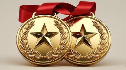 Fototapeta premium Two shiny gold medals with red ribbons. Round metal awards feature star emblem, laurel wreath design. Winner trophies for first place achievement, sports victory, competition success academic