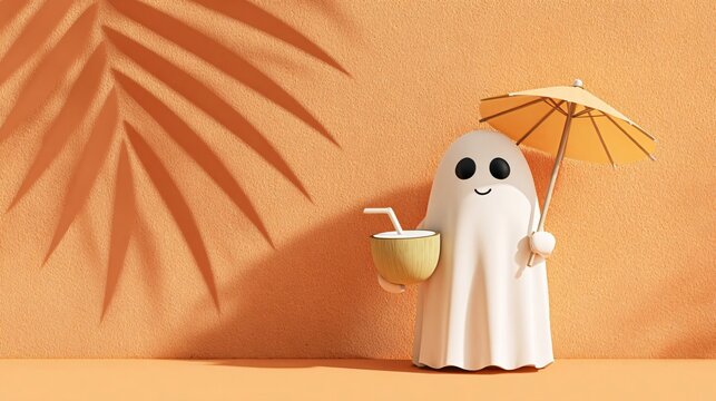 playful ghost enjoying a tropical drink beneath a sun umbrella, warm summer scene with palm shadows and relaxed vacation mood against a textured orange wall