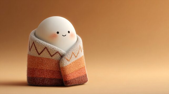 adorable smiling ghost nestled inside a rustic patterned blanket, cozy autumn halloween character with soft warm lighting and generous copy space
