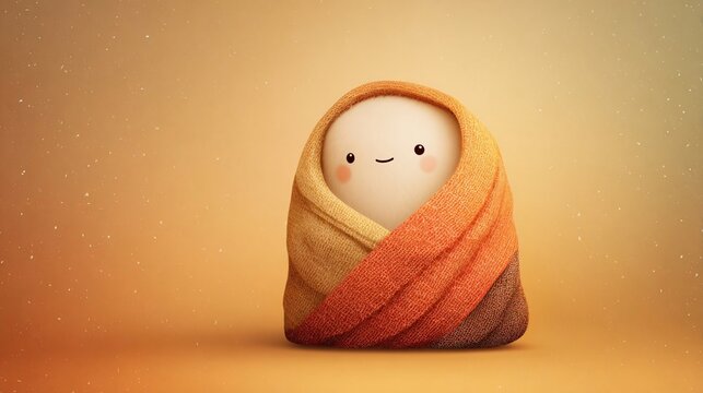 cute ghost wrapped in a warm orange blanket with a sweet smile, cozy halloween character surrounded by a soft golden glow and floating particles