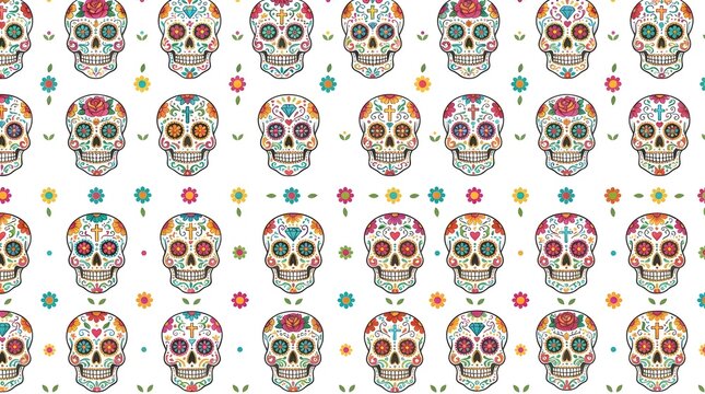 Seamless pattern of colorful sugar skulls and flowers isolated on white background