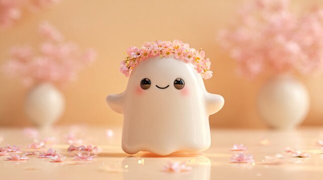 charming pastel ghost wearing a delicate pink blossom wreath, glowing in warm peach light with scattered petals, soft reflections and dreamy bokeh for spring fantasy copy space