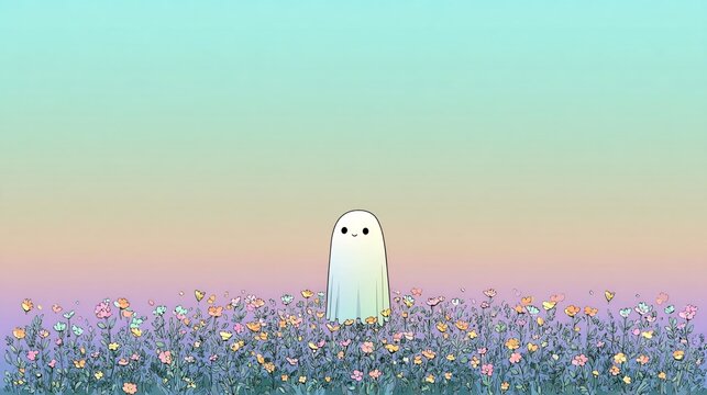 adorable little ghost standing among delicate wild blooms beneath a soft pastel gradient sky, whimsical spring fantasy scene with peaceful colors, charming character and generous copy space