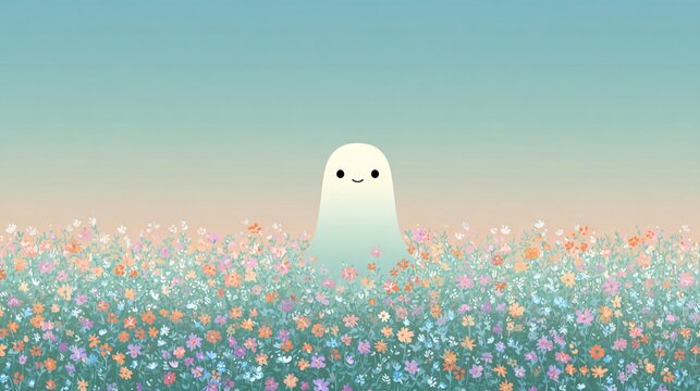 adorable ghost standing peacefully among a vibrant meadow of tiny flowers beneath a soft turquoise pastel sky, whimsical spring fantasy scene with cheerful character and generous copy space