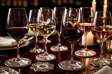 Fototapeta premium Assorted wine glasses filled with red white and rose wine sit on dark wood table. Decorative coasters hold glassware. Candles provide warm light for elegant dinner party.