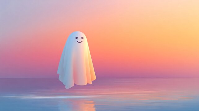 whimsical white ghost character floating above reflective water beneath a dreamy pastel sunset gradient, creating a soft surreal Halloween atmosphere with generous copy space