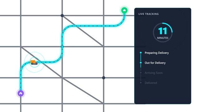 Same-day delivery tracking animation representing fast shipping, package tracking, logistics, e-commerce, express delivery, and supply chain technology.