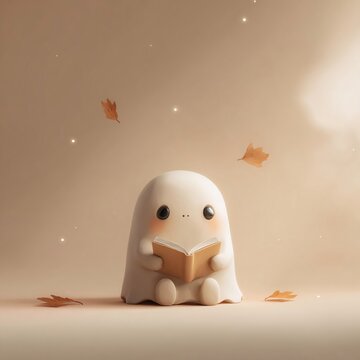 cute friendly ghost reading a small open book in a warm minimalist autumn setting with floating leaves, soft glowing lights, gentle beige tones, cozy seasonal atmosphere and spacious background