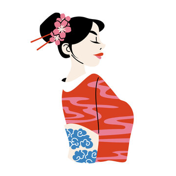 Hand drawn vector illustration of a beautiful Japanese geisha woman in profile wearing a red kimono and sakura flowers in her hair. Elegant Japan culture artwork isolated on white background