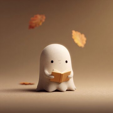 charming minimalist ghost character quietly reading an open book in a warm autumn setting with softly blurred falling leaves, gentle earthy lighting, cozy seasonal mood, and clean negative space
