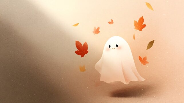 adorable floating white ghost with a gentle smile among drifting autumn leaves, softly lit in a warm beige setting with spacious copy area for seasonal halloween designs