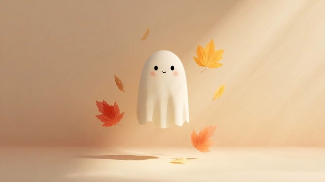 adorable floating white ghost with a gentle smile among drifting autumn leaves, softly lit in a warm beige setting with spacious copy area for seasonal halloween designs