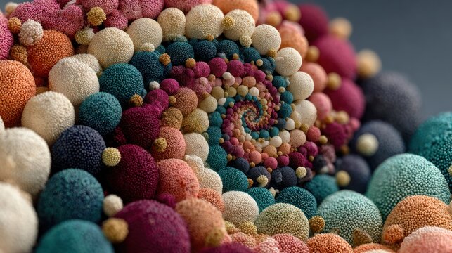 A detailed close-up of a colorful, spiraling array of various-sized, fuzzy, textured spheres