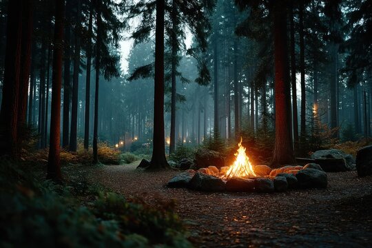 A forest scene at dusk, a campfire burns surrounded by rocks, trees in the background