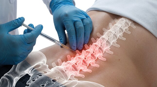 Person receives epidural injection for lower back pain relief. Medical pro injection near sacrum. Bone structure highlighted. Sterile procedure in clinic setting. Spine therapy. Pain management