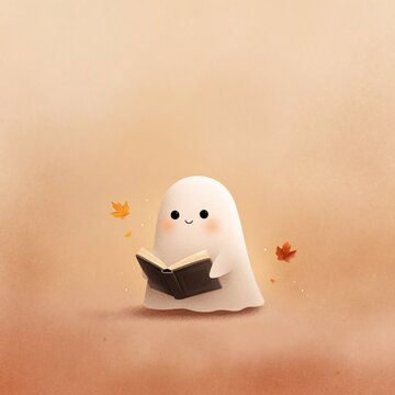 adorable reading ghost holding an open book with autumn leaves, cute halloween character in a warm minimal setting with soft peach tones and generous copy space