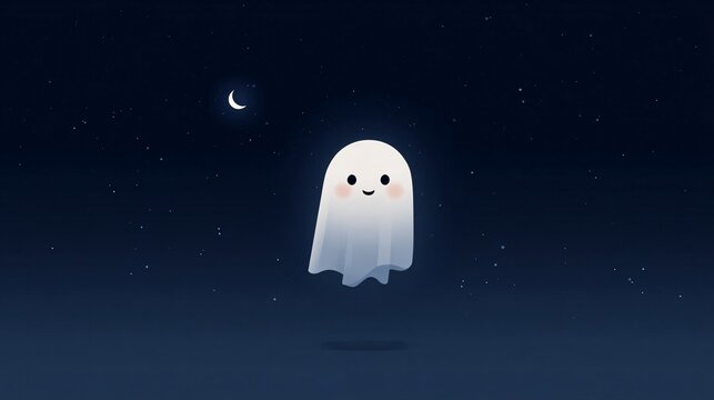 playful little spirit hovering alone beneath a slender lunar crescent across a tranquil midnight sky, surrounded by tiny stars and soft blue haze, with expansive copy space for halloween artwork