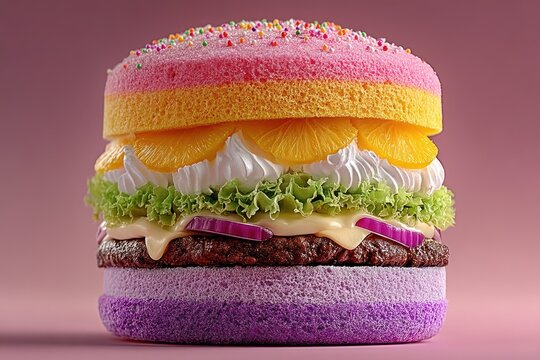 A whimsical, vibrant burger made of multi-colored cake, fruit, and other creative elements