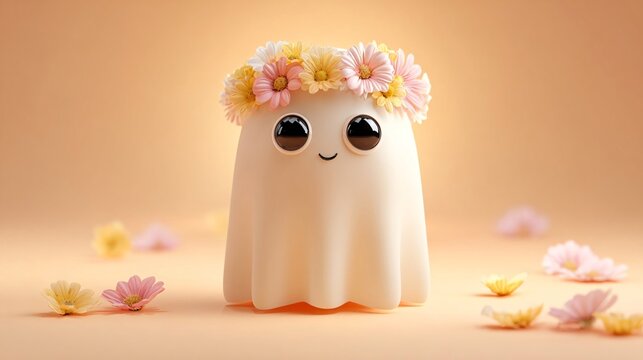 adorable floral ghost character wearing a delicate pastel flower crown against a warm peach backdrop, whimsical seasonal halloween concept with soft light, charming expression and dreamy styling
