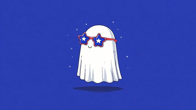 cute floating ghost wearing star shaped sunglasses with sparkling accents on a vivid blue background, playful spooky cartoon illustration for halloween and seasonal celebrations