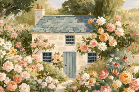 Cozy stone cottage surrounded by a vibrant spring garden filled with colorful roses, daisies, and other wildflowers, offering a peaceful rural escape