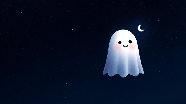 adorable luminous ghost hovering in a deep midnight sky beneath a delicate crescent, surrounded by countless stars and soft blue radiance, creating a charming halloween atmosphere